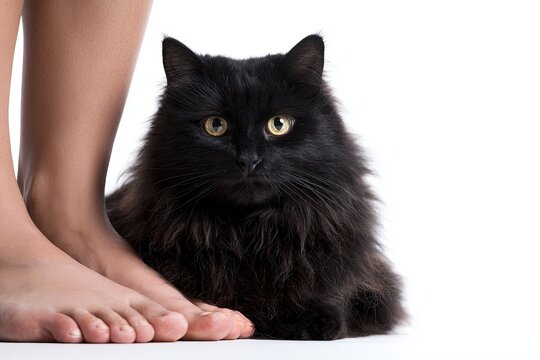 A black feline, sits companionably near the foot, basking in the warmth of affection in this captivating photorealistic portrayal.