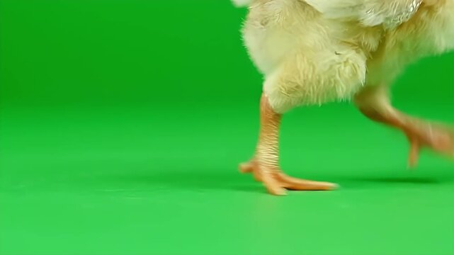 Yellow chick walking and strutting on green screen floor