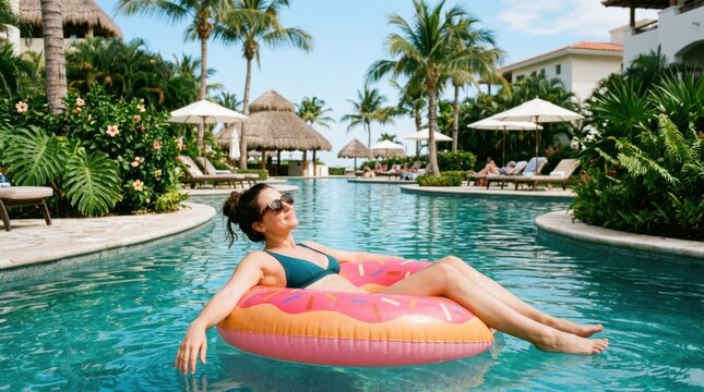Happy woman in bikini and sunglasses relaxing on a pink donut inflatable float in a luxurious tropical resort swimming pool on a sunny day, enjoying her vacation.