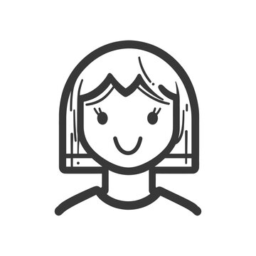 Simple line drawing depicting a smiling female person with short hair
