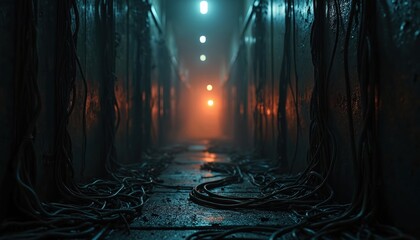 Fototapeta premium Dark eerie corridor with tangled wires leads to warm light. Mysterious shadows on walls hint at secrets. Tense atmosphere in a dim industrial passage.