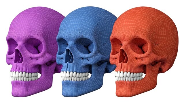Three colorful skulls on transparent background for creative design