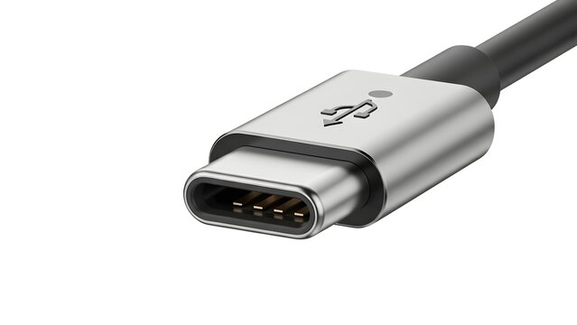 A USB Type-C connector on a black cable against a white background on transparent background