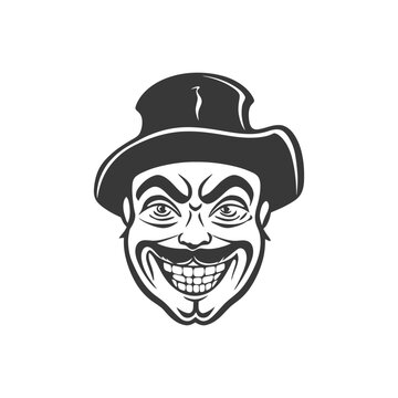 A grinning face wearing a hat with a sinister and evil expression