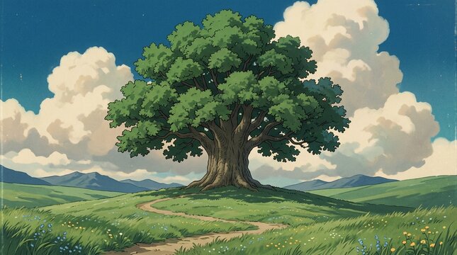 A magnificent, sprawling oak tree dominates a rolling green meadow beneath a bright blue sky with fluffy white clouds.
