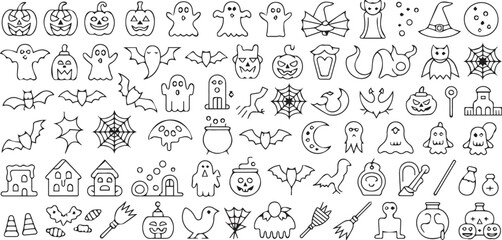 Fototapeta premium Halloween icons, black and white illustrations, 40 spooky symbols, vector graphics