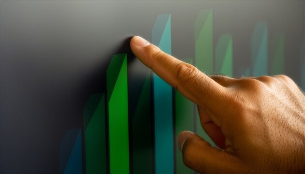 Data Analysis Finger Touching Digital Screen with 3D Bar Graph and Left Copy Space