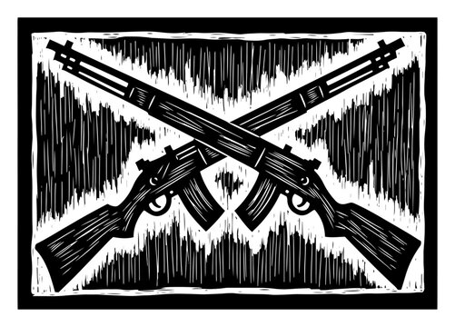Crossed military rifles weapon symbol in vintage linocut woodcut style