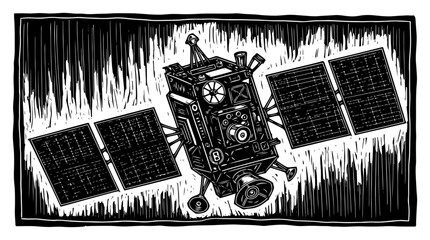 Telecommunication satellite orbiting in space in hand drawn linocut style © Amelia