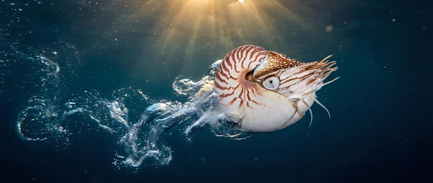 Nautilus shell swimming in deep blue ocean water with sunlight rays streaming down from surface creating dramatic underwater lighting effect.