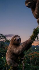 Fototapeta premium Adorable sloth hanging on tree branch during magical twilight hour with starry sky background in tropical rainforest habitat for wildlife photography.