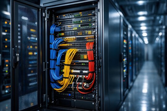 Server racks hold network switches and colorful cables. LED lights show the status of devices. The space is organized, and multiple racks are lined up in a room