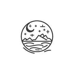 Obraz premium The illustration depicts a stylized night scene with mountains and water