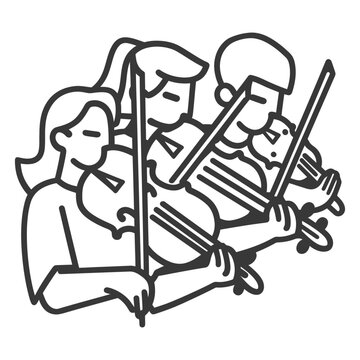 Three musicians playing violins together in an artistic black line drawing