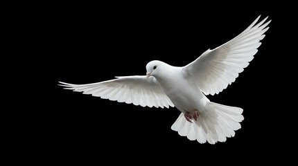 Obraz premium White dove flying with outstretched wings against black background symbolizing peace, freedom and spirituality for religious and conceptual designs.