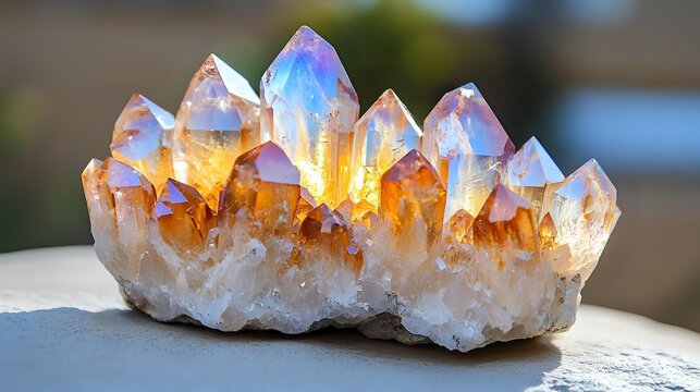 Natural quartz crystal cluster with rainbow iridescent coating displaying prismatic colors on white stone surface for healing and meditation practices.