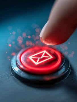Finger about to press a glowing red button with an envelope symbol representing sending or receiving digital messages in a futuristic technology concept