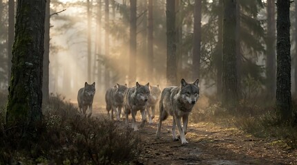 Obraz premium Wolf pack walking through misty forest with dramatic sunlight filtering through trees creating atmospheric woodland scene for wildlife photography.