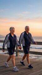 Fototapeta premium Happy senior couple walking together on wooden boardwalk at sunset beach wearing matching athletic wear during golden hour exercise routine.