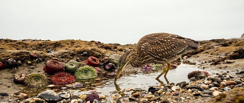 Small brown wading bird with spotted plumage foraging among colorful sea anemones and marine life on rocky tidal pool shore during low tide exploration.