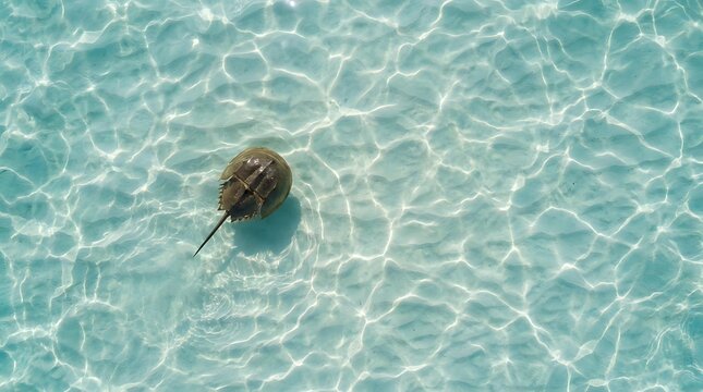 Horseshoe crab swimming in crystal clear turquoise water with sunlight patterns creating ripples on sandy bottom for marine biology and ocean life concepts.