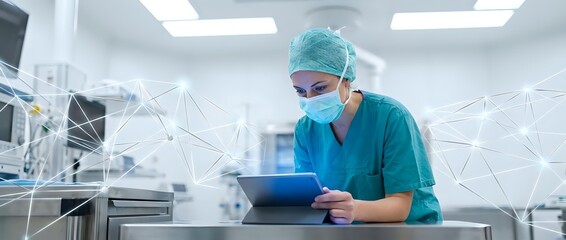 Naklejka na ściany i meble Male surgeon in green scrubs and surgical mask using digital tablet in modern operating room with network connectivity overlay for telemedicine applications.