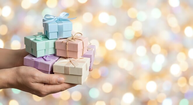 Hands holding stack of colorful wrapped gift boxes with ribbons against soft bokeh lights background for holidays and celebrations.