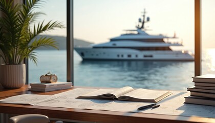 Fototapeta premium Office desk with charts and books overlooks a luxury yacht. Nautical planning for a sea voyage or charter service. Maritime business on calm ocean.