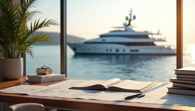 Office desk with charts and books overlooks a luxury yacht. Nautical planning for a sea voyage or charter service. Maritime business on calm ocean.