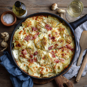 Creamy endive and potato tartiflette with melted cheese rich comforting baked dish
