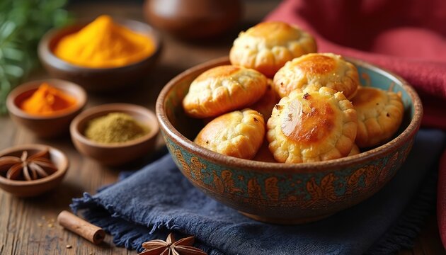 Golden baked samsa pastries with crispy crust fill ornate bowl. Spices like turmeric and cumin sit in wooden dishes beside cinnamon stick and star anise.