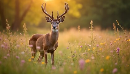 Naklejka premium Majestic buck deer stands in sunlit wildflower meadow at dusk. Antlered stag poses in grassy field with bokeh background. Wild creature in natural habitat, tranquil summer scene.