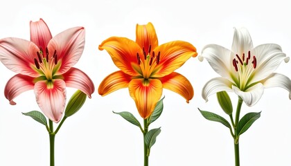 Fototapeta premium Three elegant lilies in pink, orange, white colors displayed on stems with green leaves against white background. Beautiful flowers detailed petals, prominent stamens, perfect for floral designs,