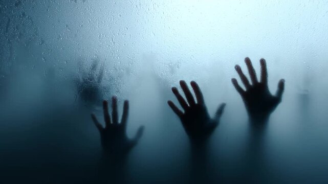 A creepy video loop of unknown human or zombie hands violently beating and scratching against a fogged, misty glass pane. Scary Halloween concept with a mysterious threat.