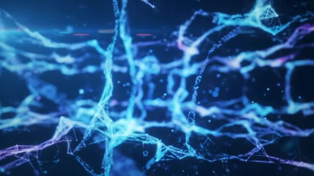 Expansive wide video through an abstract digital universe. Luminous electric blue, vibrant purple data particles form neural networks, with sharp focus and bokeh. Concept of technological progress