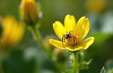 Naklejka premium Small jumping spider rests on bright yellow flower. Fuzzy insect sits on green plant stem in summer garden. Tiny arachnid camouflaged on petals, natural wildlife macro detail.