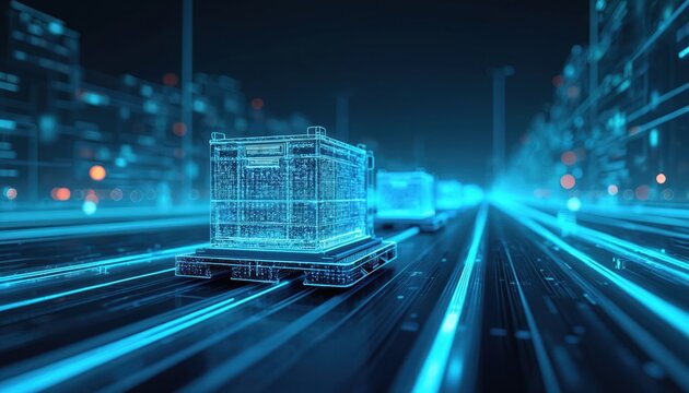 Futuristic abstract wireframe containers move on glowing digital highway. Data flow on smart logistics network. Cyberpunk city background, technological transportation concept, future freight.