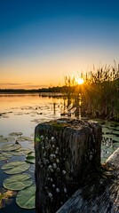 Fototapeta premium Weathered wooden dock post at sunset over tranquil lake with lily pads and reeds creating peaceful waterfront scene for nature and outdoor recreation themes.