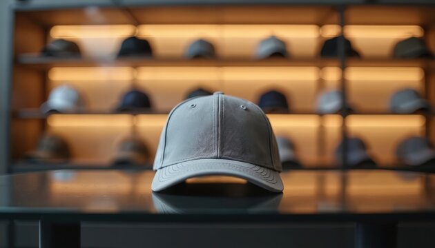 Grey baseball cap sits on glass table in shop. Shelves with assorted hats glow warmly behind. Minimalist display shows headwear. Versatile accessory for any outfit style.