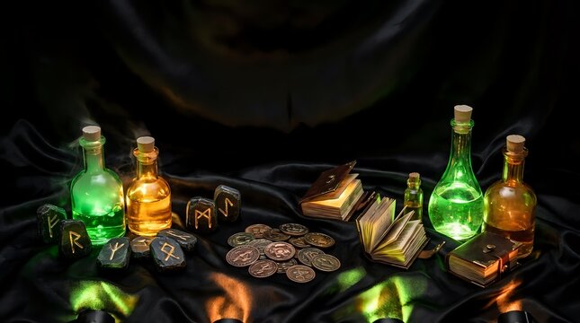 Mystical alchemy laboratory with glowing potions, ancient books, runes and magical artifacts on dark surface for fantasy gaming and occult themed designs.