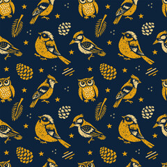 Textured seamless pattern with owls, woodpeckers, tits, and pine elements on dark blue in block print graphic style. © Тетяна Костів