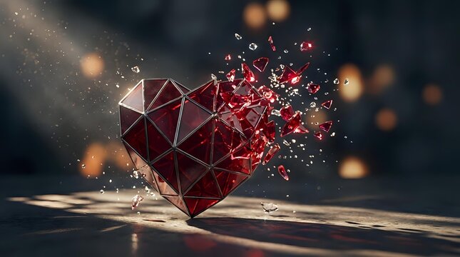 Geometric red heart shattering into fragments with sparkling particles and warm bokeh lights on wooden surface for romantic design concepts.