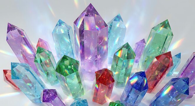 Colorful crystal cluster with rainbow light rays featuring purple amethyst blue aquamarine green emerald red ruby gemstones on white background.