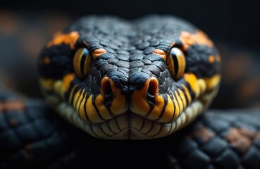 Obraz premium Close-up macro shot of black and orange snake head. Reptile scales and yellow eyes visible. Dark background for intense animal portrait. Wildlife creature detailed texture.
