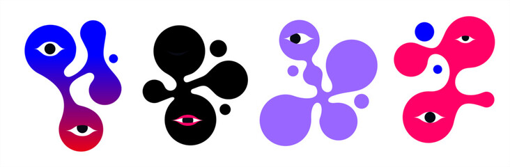 Abstract illustration featuring colorful, organic shapes with eye motifs. The design includes vibrant hues of blue, black, purple, and pink, creating a modern, artistic look.