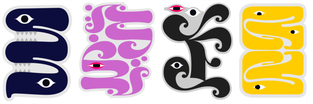 Abstract illustration featuring four stylized snake-like figures in blue, pink, black, and yellow. Each figure is uniquely designed with swirling patterns and eye motifs.