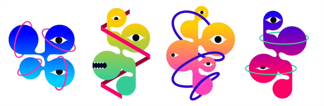 Colorful abstract illustration featuring four unique shapes with eyes and vibrant gradients. Each shape is intertwined with geometric lines, creating a dynamic visual effect.