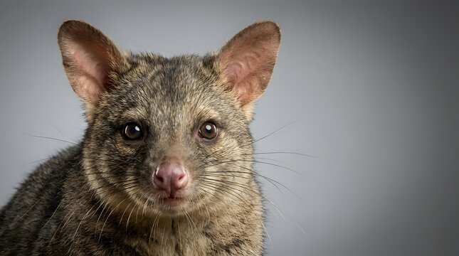 Australian brushtail possum portrait with gray fur and pink nose on neutral background for wildlife education and nature photography projects.