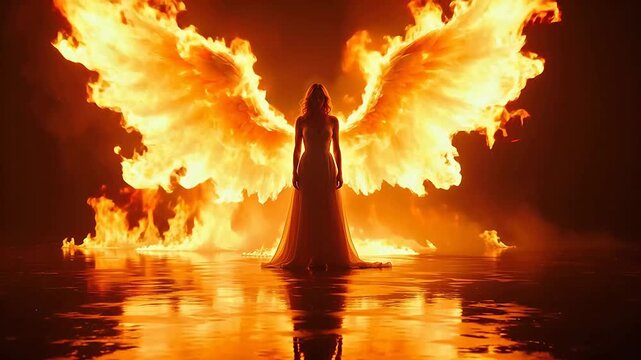 Woman with flaming wings in water