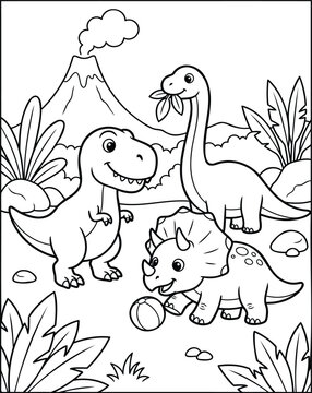 Cute Cartoon Dinosaurs Playing in Prehistoric Jungle with Volcano Background Line Art